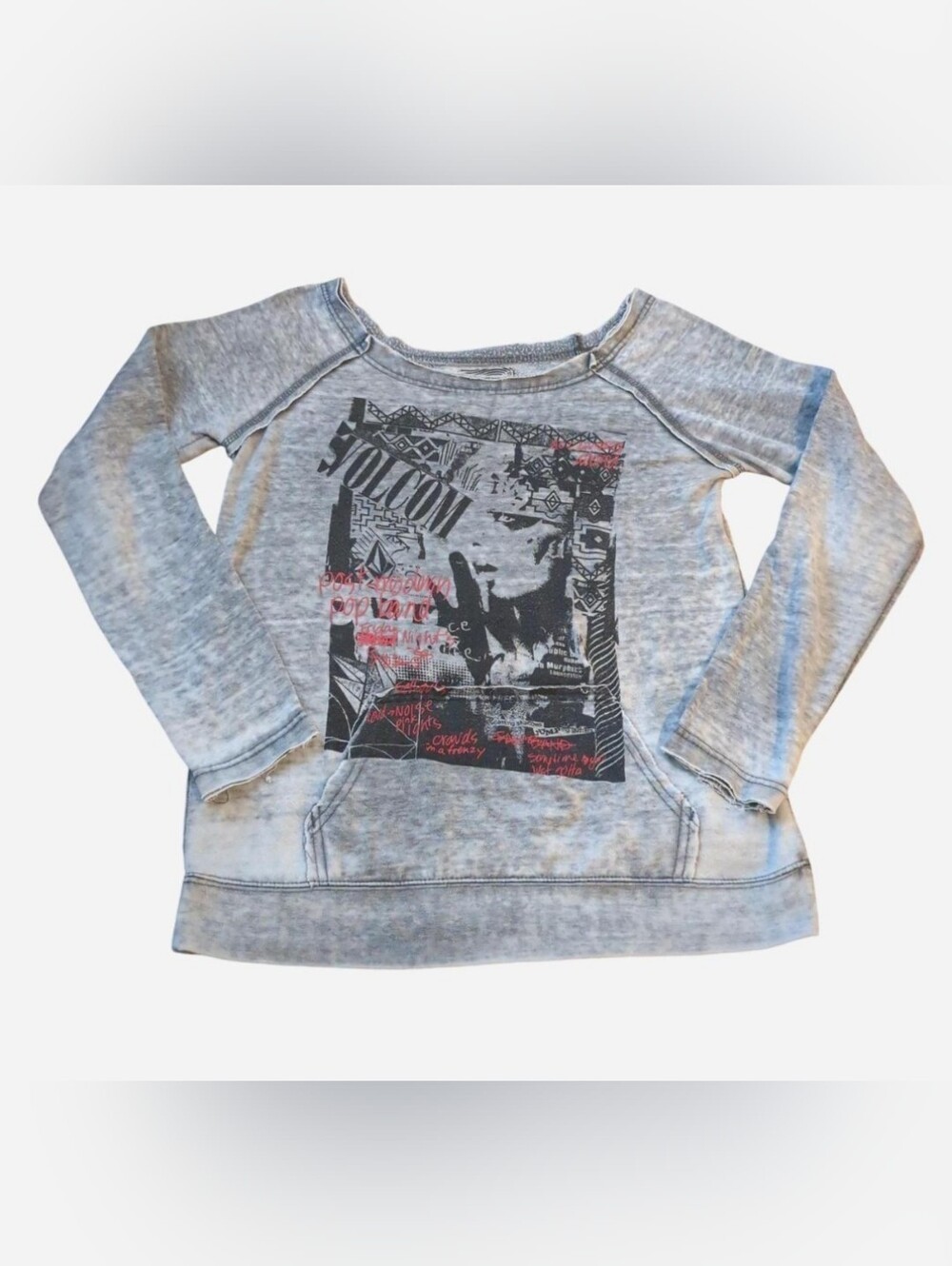 Volcom Vintage Acid Wash Graphic Sweatshirt // Wide Neck Raglan Pullover Size L